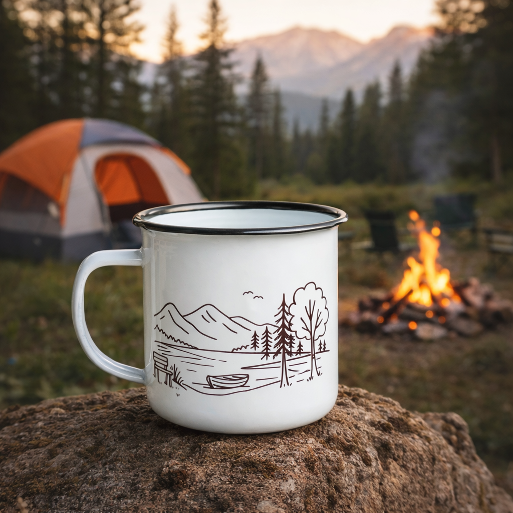 Emaille Tasse Camping – 380ml Outdoor Becher im Retro-Look mit Camper Motiv | Leicht & Robust | Ideales Geschenk für Natur- & Campingfans