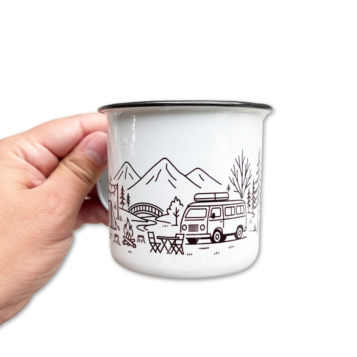 Emaille Tasse Camping – 380ml Outdoor Becher im Retro-Look mit Camper Motiv | Leicht & Robust | Ideales Geschenk für Natur- & Campingfans