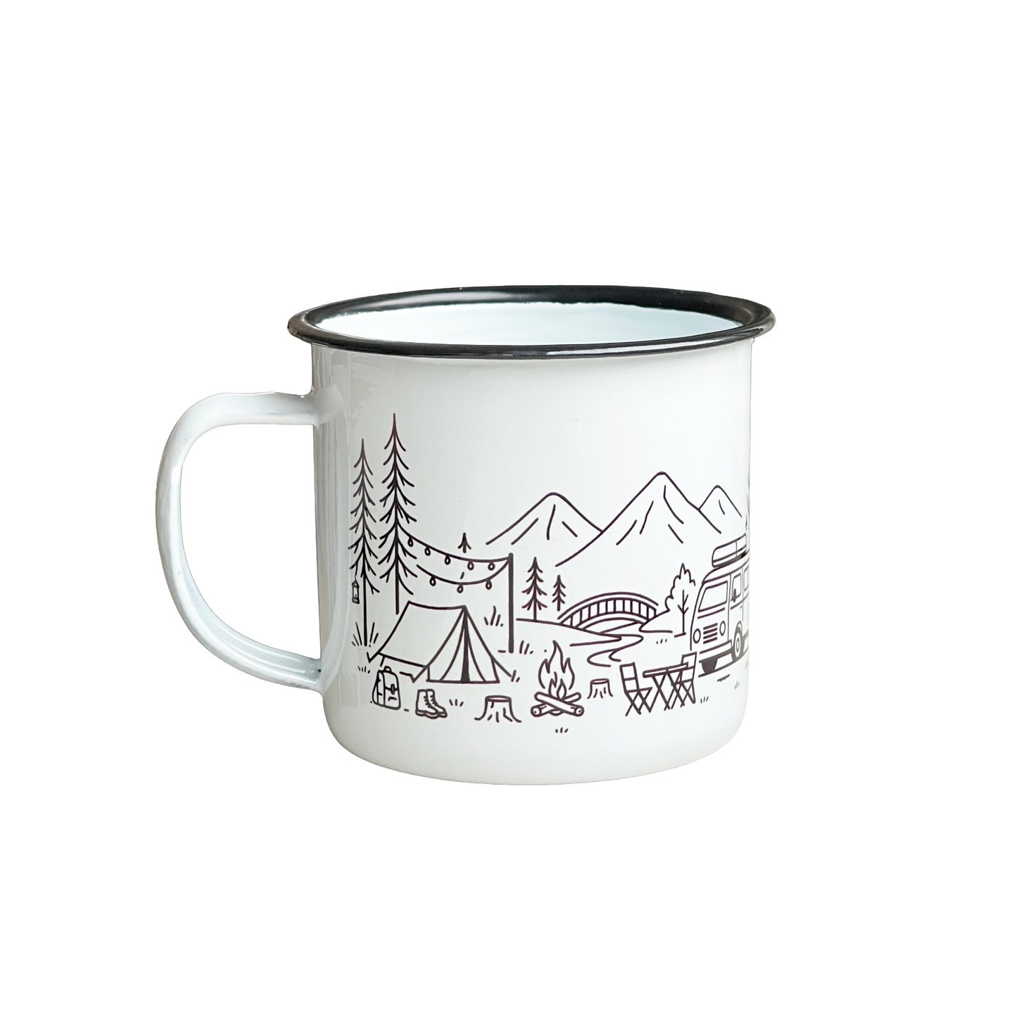 Emaille Tasse Camping – 380ml Outdoor Becher im Retro-Look mit Camper Motiv | Leicht & Robust | Ideales Geschenk für Natur- & Campingfans