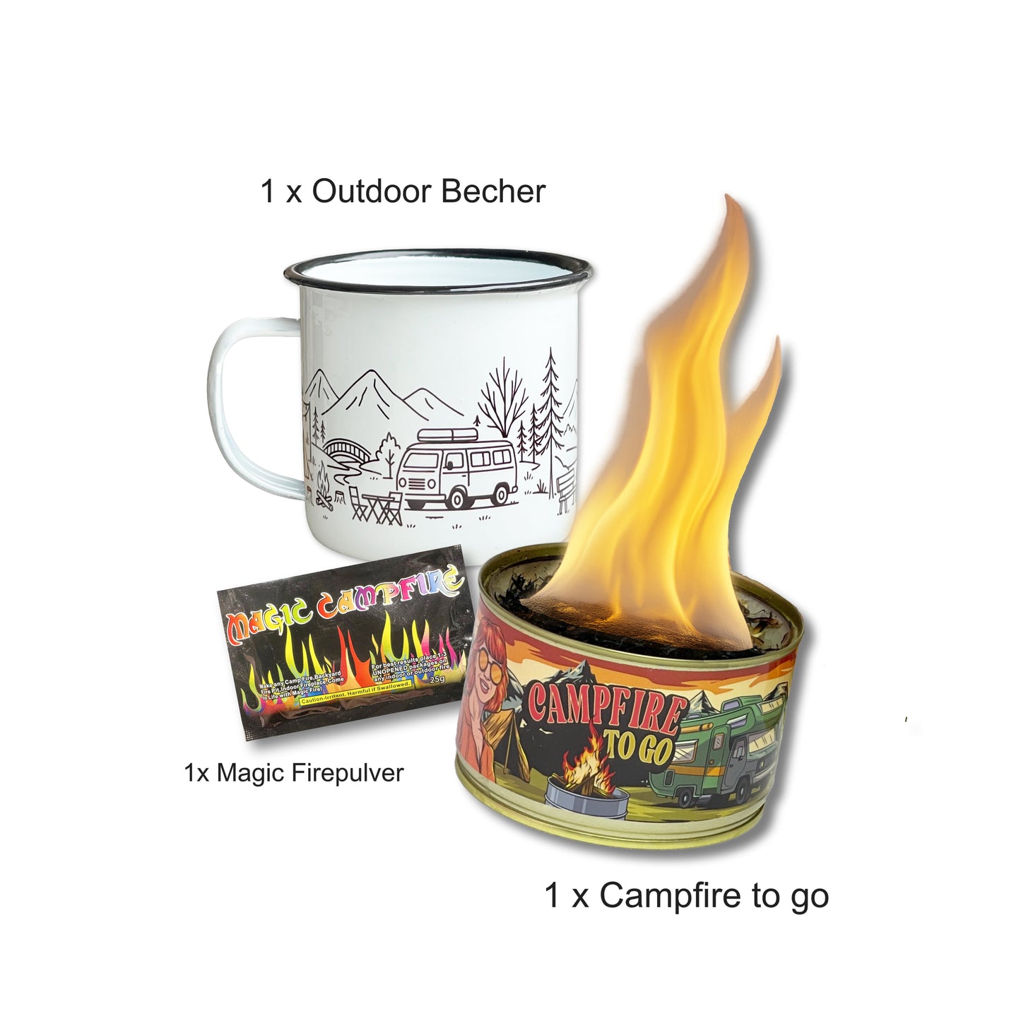 Geschenke Set - Outdoor Adventure Spaß – 1x Campfire to Go + 1x Becher + 1x Magic Fire Pulver