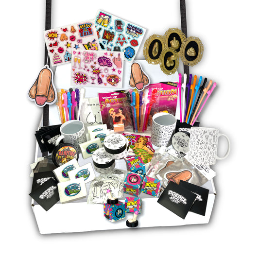 JGA Bauchladen – Befüllt & Unbefüllt erhältlich | Inklusive Gurtband, 2 Schnallen & 54 JGA-Sticker zum selber gestalten  | Robust & Hochwertig | Mit S,M,L oder XXL Befüllung
