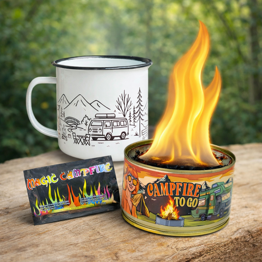 Geschenke Set - Outdoor Adventure Spaß – 1x Campfire to Go + 1x Becher + 1x Magic Fire Pulver