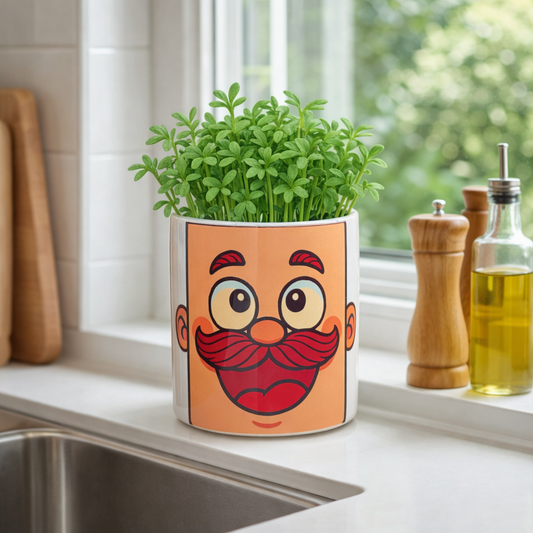 Kresse-Kopf Becher - Lustiger Keramikbecher mit Gesicht & Gratis Kressesamen | Pflanzbecher