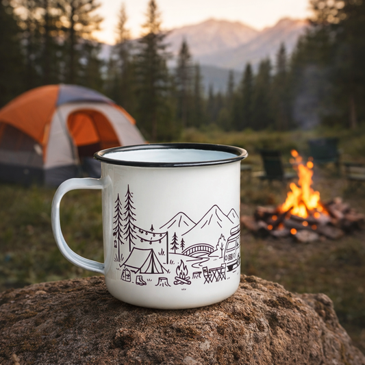 Emaille Tasse Camping – 380ml Outdoor Becher im Retro-Look mit Camper Motiv | Leicht & Robust | Ideales Geschenk für Natur- & Campingfans