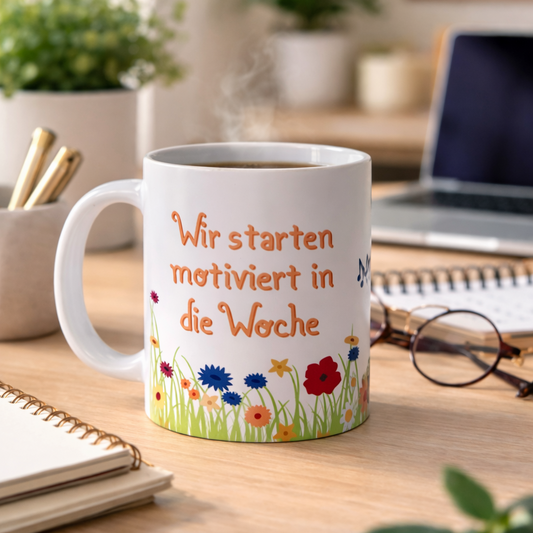 Martin Tasse "Wir starten motiviert in die Woche" inkl. Motivationsvideo | Die perfekte Tasse für die Arbeit +Gratis Blumenwiese (Saatgut)