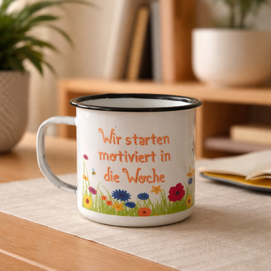 Emaille Martin Tasse  – 380ml Becher im Retro-Vinted Look mit QR Code | Leicht & Robust | Ideales Geschenk für die Kollegen