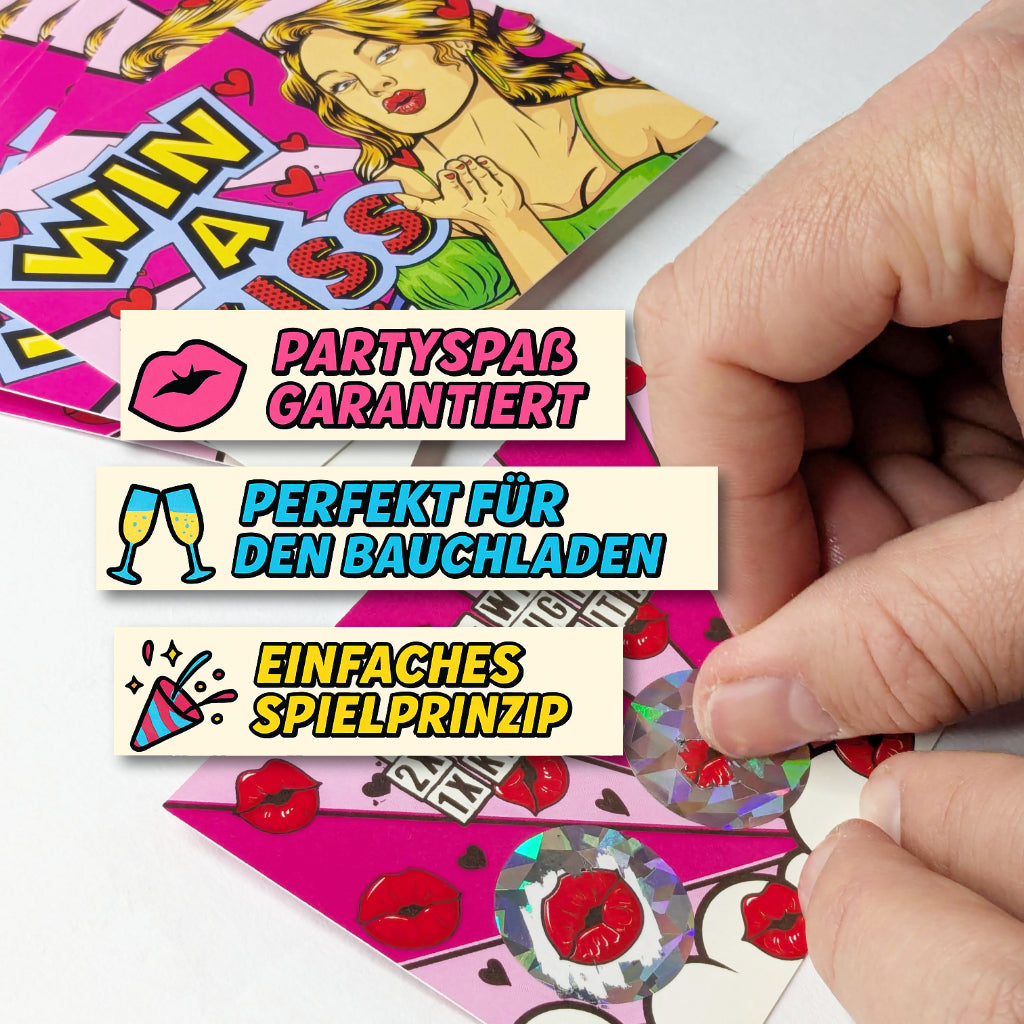 24 Rubbellose JGA Party | Junggesellenabschied Spiel | Partyrubbellose | Win A Kiss Scratchcard | JGA Spiel | Bauchladen Produkte | Verkaufen | Lustig JGA | Geld verdienen für die Party | Rubbellos | Witziges Spiel | Kuss gewinnen | Glücksspiel 12 Stück