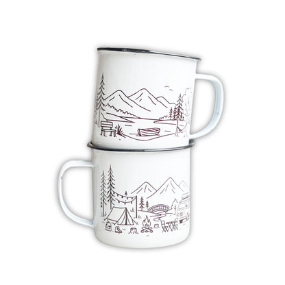 Emaille Tasse Camping – 380ml Outdoor Becher im Retro-Look mit Camper Motiv | Leicht & Robust | Ideales Geschenk für Natur- & Campingfans