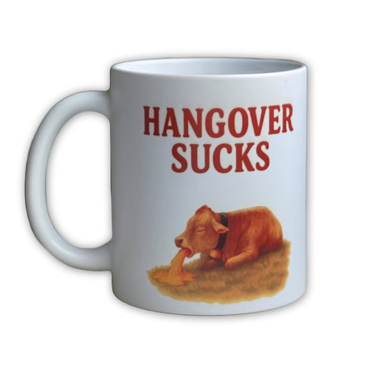 Hangover Sucks Tasse 350ml – Lustige Kaffeetasse mit Spruch und Kuh-Motiv – witzige Geschenkidee für Männer & Frauen – matt, mit Motiven