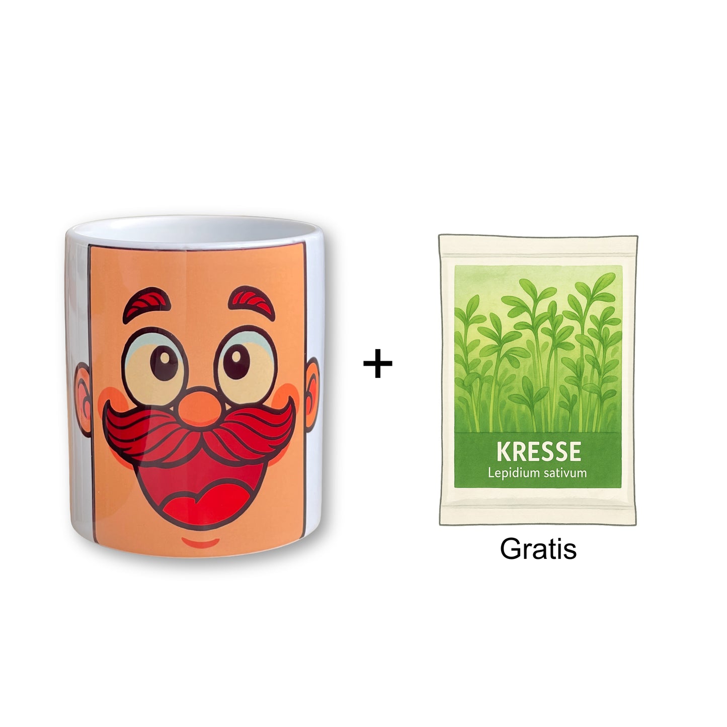 Kresse-Kopf Becher - Lustiger Keramikbecher mit Gesicht & Gratis Kressesamen | Pflanzbecher